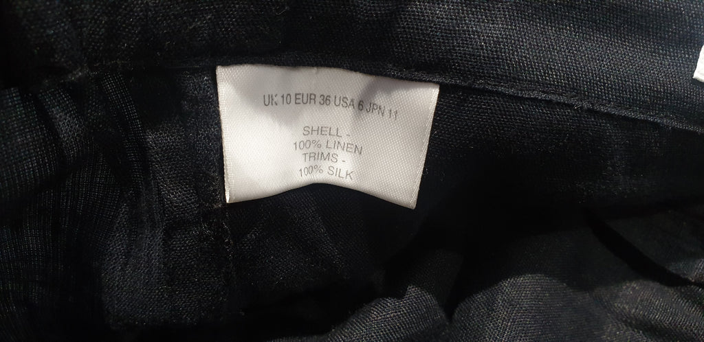 NICOLE FARHI Black Linen Silk Elastic Drawstring Waist Crop Capri Trousers Pants