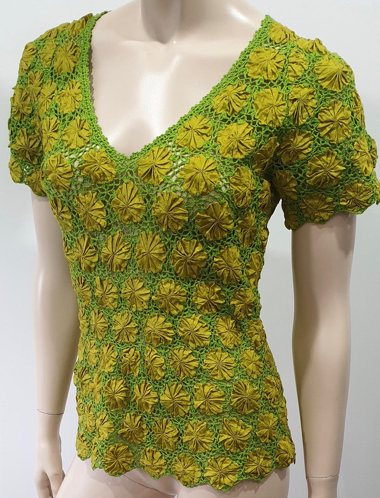 ERIC RAISINA Green & Yellow Silk Loose Embroidery Floral Detail Short Sleeve Top