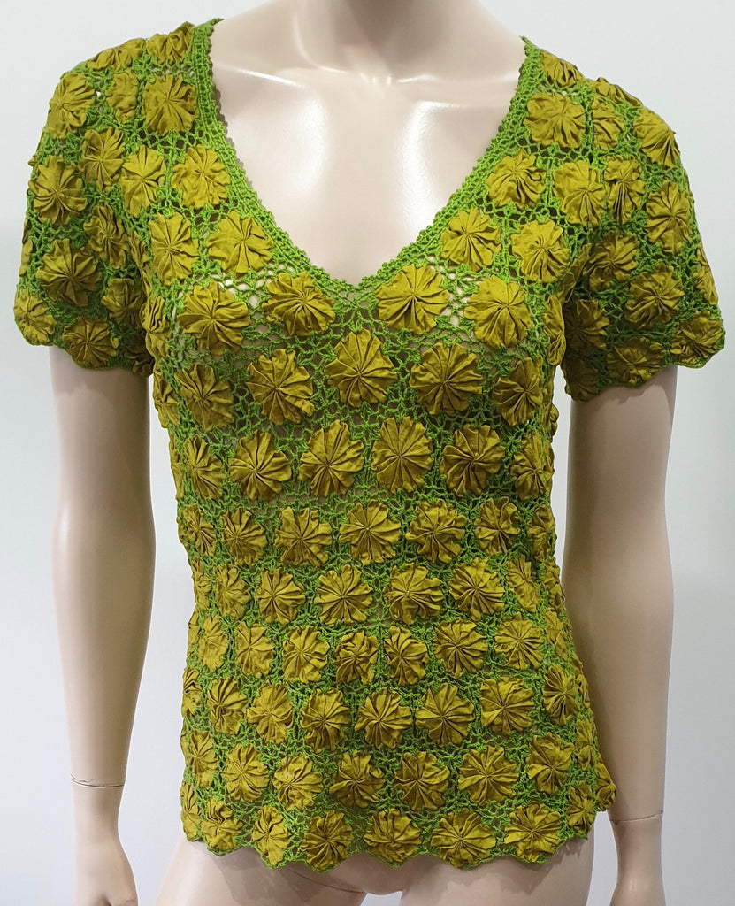 ERIC RAISINA Green & Yellow Silk Loose Embroidery Floral Detail Short Sleeve Top
