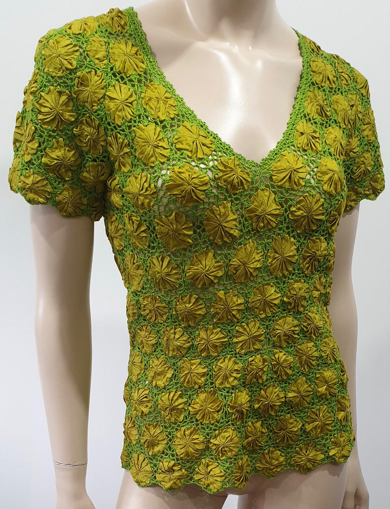 ERIC RAISINA Green & Yellow Silk Loose Embroidery Floral Detail Short Sleeve Top