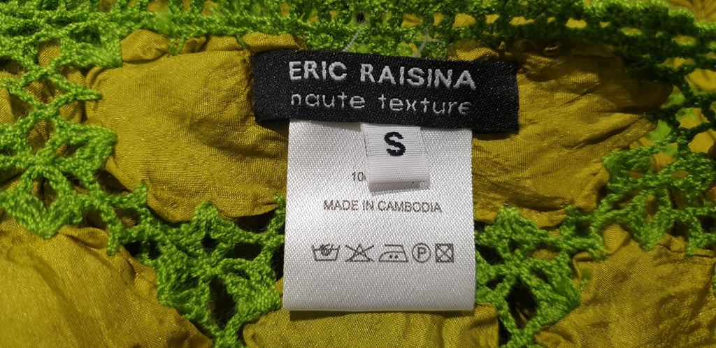 ERIC RAISINA Green & Yellow Silk Loose Embroidery Floral Detail Short Sleeve Top