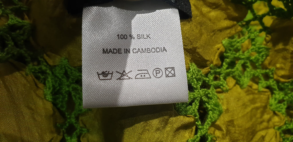 ERIC RAISINA Green & Yellow Silk Loose Embroidery Floral Detail Short Sleeve Top