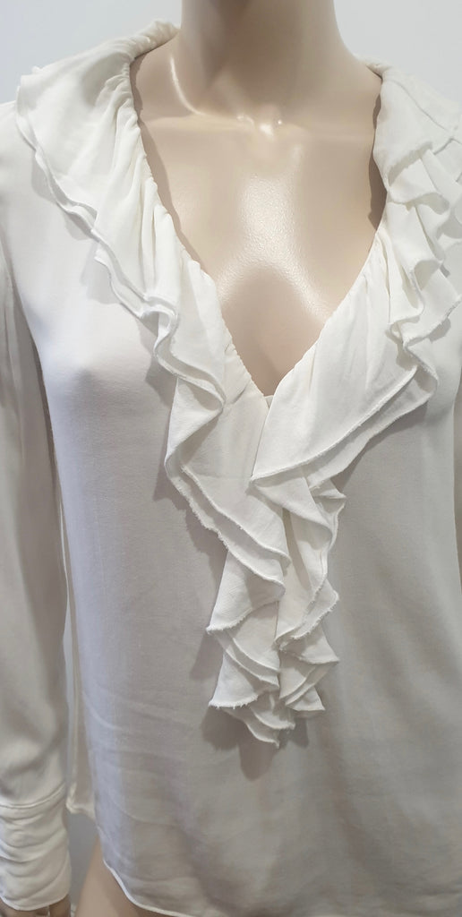 FRAME White Button V Neck Ruffle Collar Front Long Sleeve Blouse Shirt Top XS