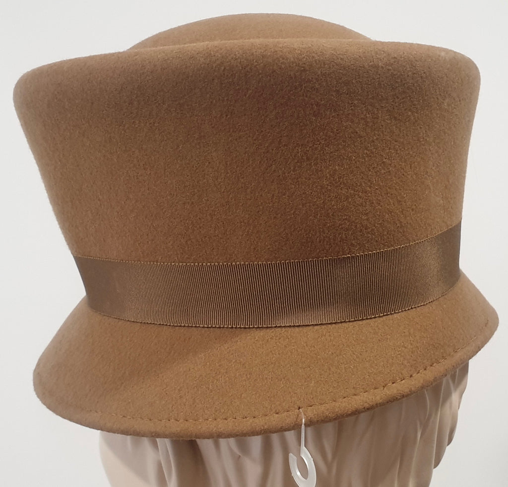 WALTER WRIGHT Caramel Brown Wool Felt Ribbon Bow Formal Pillar Box Hat NEW!