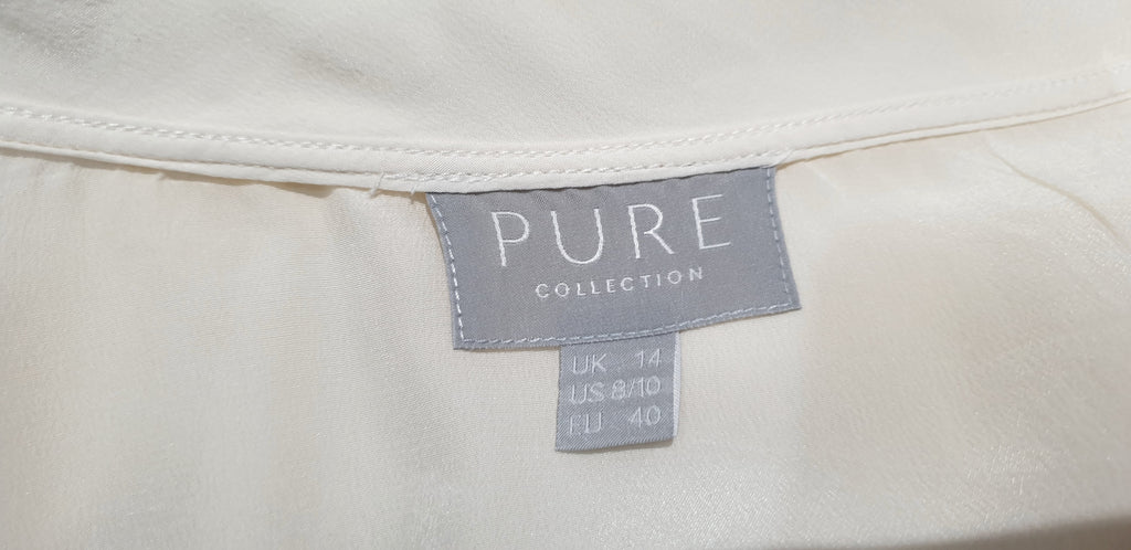 PURE COLLECTION Cream Sheer Silk Round Neck Short Sleeve Blouse Shirt Top UK14