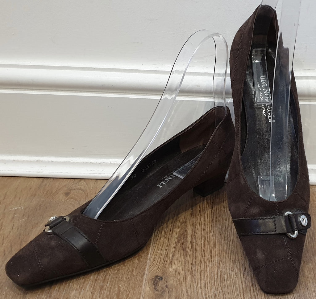 BRUNO MAGLI Brown Suede Square Toe Slip On Low Block Heel Court Shoes 39 UK6