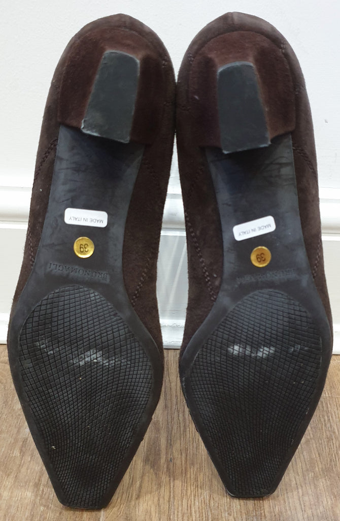 BRUNO MAGLI Brown Suede Square Toe Slip On Low Block Heel Court Shoes 39 UK6