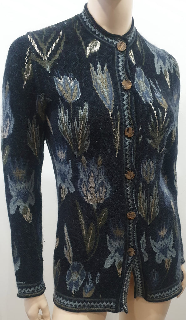 EMANUEL UNGARO PARALLELE Black & Multi Colour Floral Knitwear Cardigan Top S/M