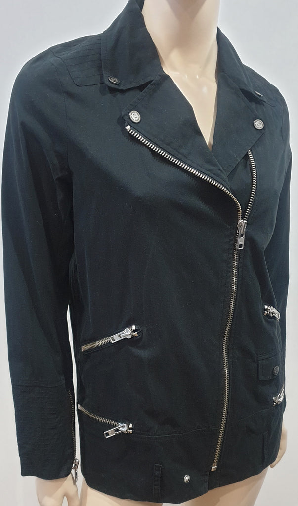 THE KOOPLES Black Cotton Blend Silver Tone Zipper Detail Casual Biker Jacket XS