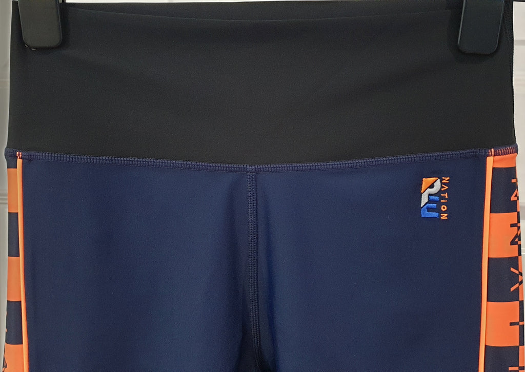 PE NATION Navy Blue VICTORY RUN Orange Trim Leggings Trousers Pants M
