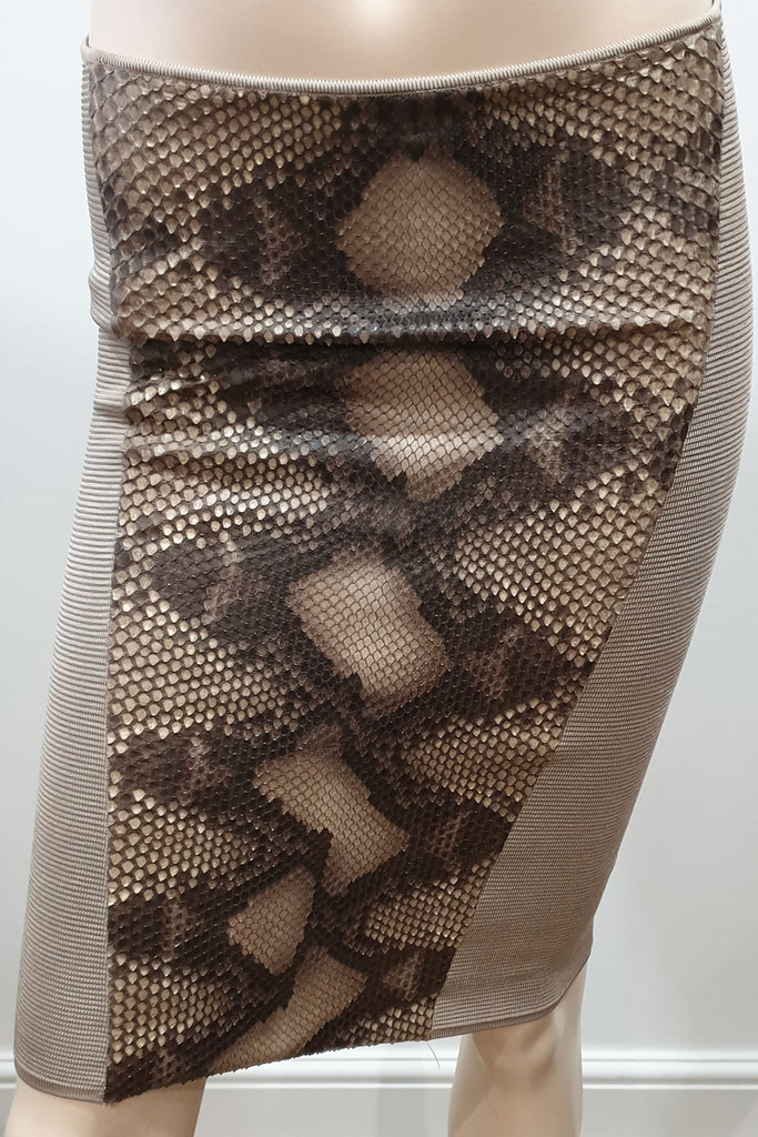 JITROIS Beige Brown Black Ribbed Front Python Panel Bodycon Short Mini Skirt UK8