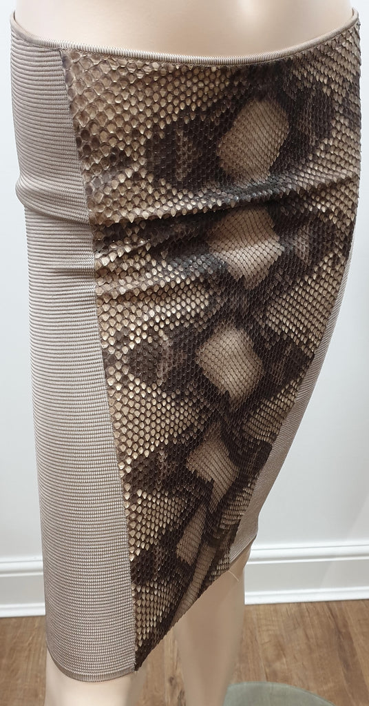 JITROIS Beige Brown Black Ribbed Front Python Panel Bodycon Short Mini Skirt UK8