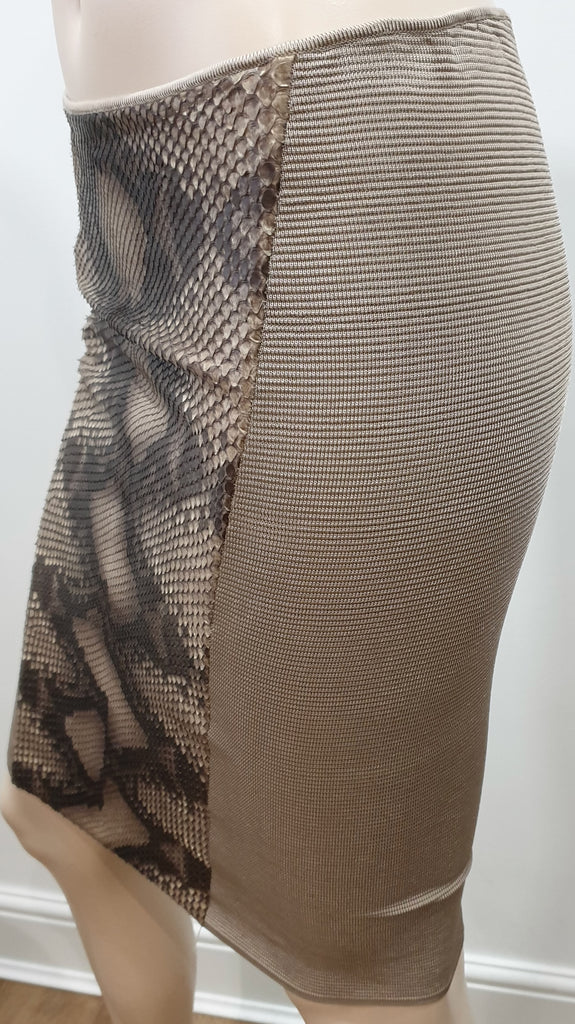JITROIS Beige Brown Black Ribbed Front Python Panel Bodycon Short Mini Skirt UK8