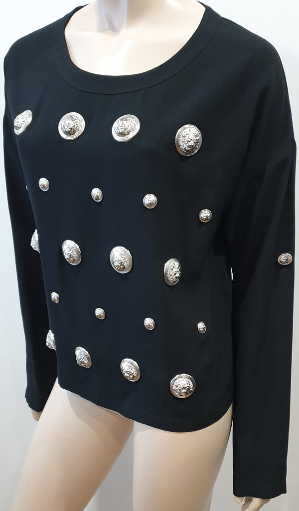 VERSUS VERSACE Black & Silver Tone Medusa Button Detail Blouse Top 42 UK10