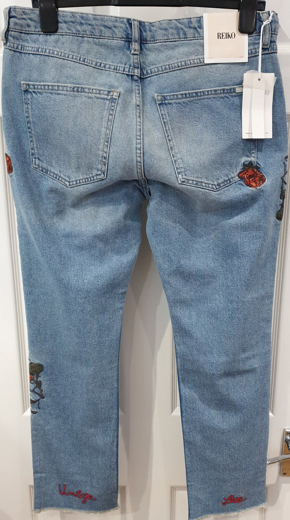 REIKO Blue Cotton Denim Floral Embroidered Fray Slim Capri Jeans Pants 28 BNWT