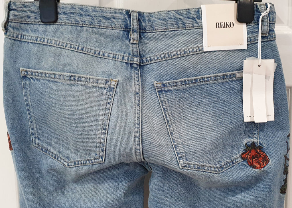REIKO Blue Cotton Denim Floral Embroidered Fray Slim Capri Jeans Pants 28 BNWT