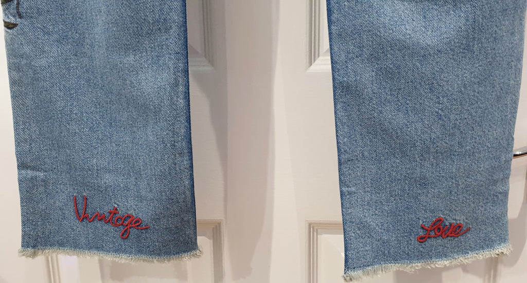 REIKO Blue Cotton Denim Floral Embroidered Fray Slim Capri Jeans Pants 28 BNWT