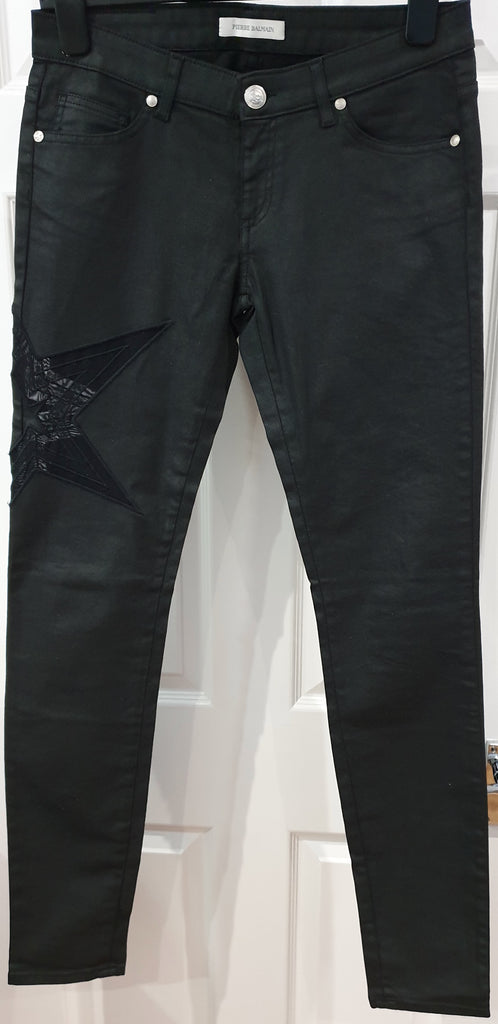 PIERRE BALMAIN Black Cotton Sheen Sheer Star Mesh Detail Skinny Jeans Pants 28