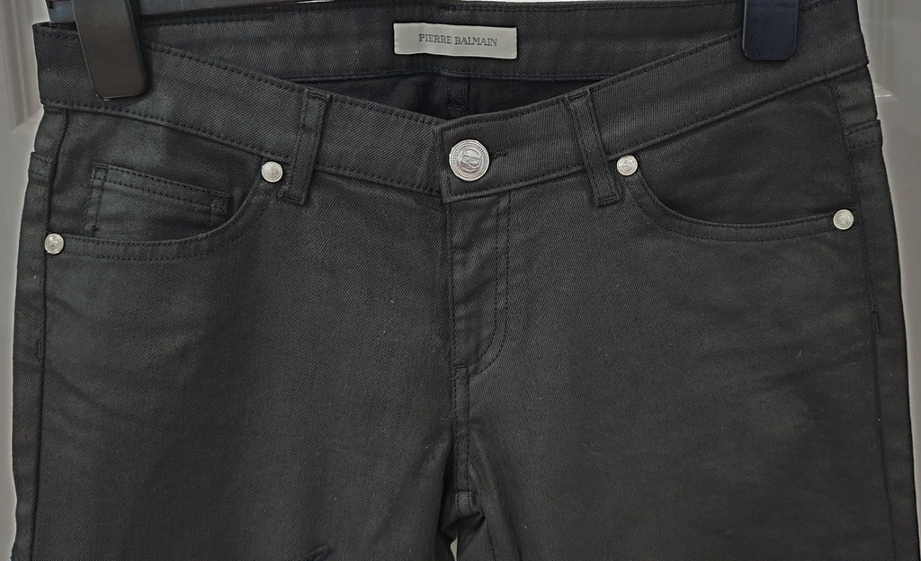 PIERRE BALMAIN Black Cotton Sheen Sheer Star Mesh Detail Skinny Jeans Pants 28