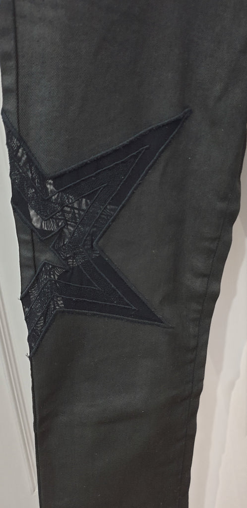 PIERRE BALMAIN Black Cotton Sheen Sheer Star Mesh Detail Skinny Jeans Pants 28