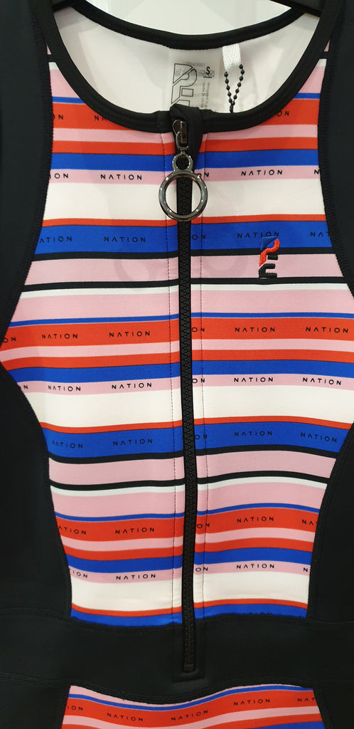 PE NATION Multi Colour OFF THE HOOK Stripe Zip Front One Piece Swimsuit BNWT