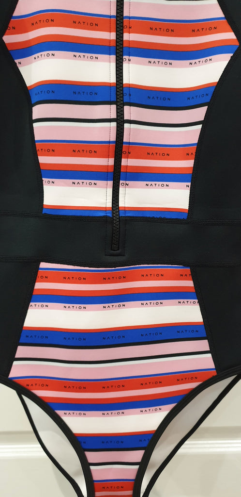 PE NATION Multi Colour OFF THE HOOK Stripe Zip Front One Piece Swimsuit BNWT