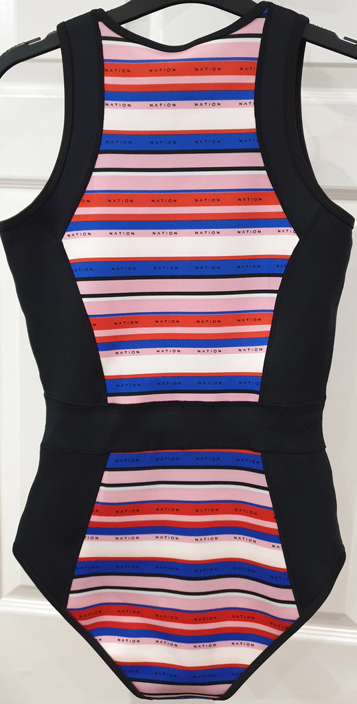 PE NATION Multi Colour OFF THE HOOK Stripe Zip Front One Piece Swimsuit BNWT