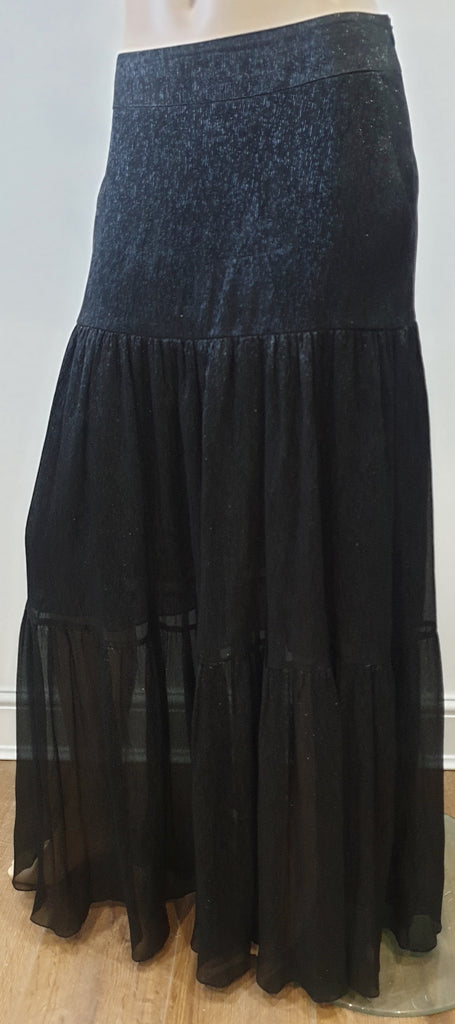 VILSHENKO Black Silk Metallic Sheen Pleated Boho Long Maxi Evening Skirt UK10
