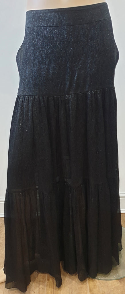 VILSHENKO Black Silk Metallic Sheen Pleated Boho Long Maxi Evening Skirt UK10