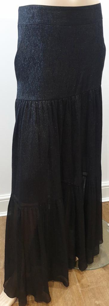 VILSHENKO Black Silk Metallic Sheen Pleated Boho Long Maxi Evening Skirt UK10