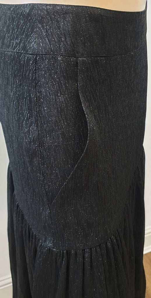VILSHENKO Black Silk Metallic Sheen Pleated Boho Long Maxi Evening Skirt UK10