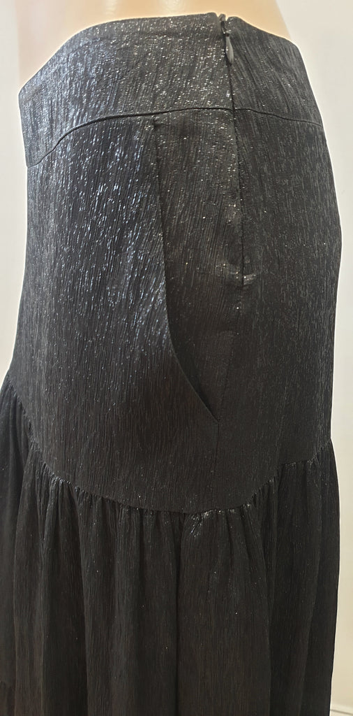 VILSHENKO Black Silk Metallic Sheen Pleated Boho Long Maxi Evening Skirt UK10