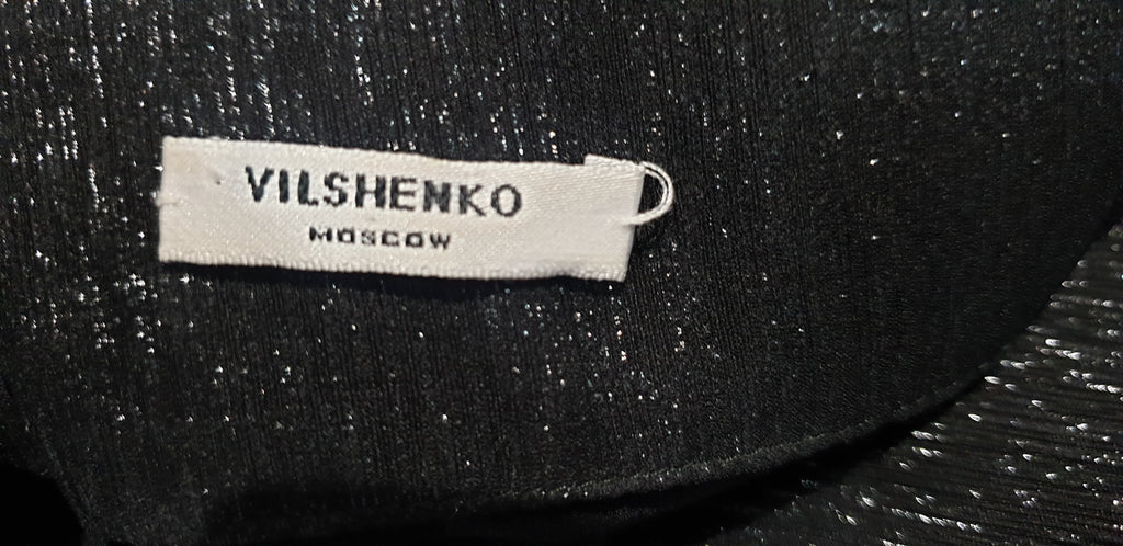 VILSHENKO Black Silk Metallic Sheen Pleated Boho Long Maxi Evening Skirt UK10