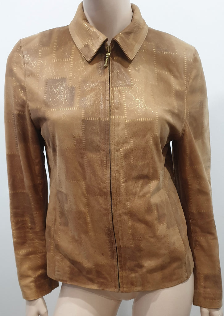 BENET FURS Tan & Gold Detail Collared Zip Fastened Casual Leather Jacket 44 UK12