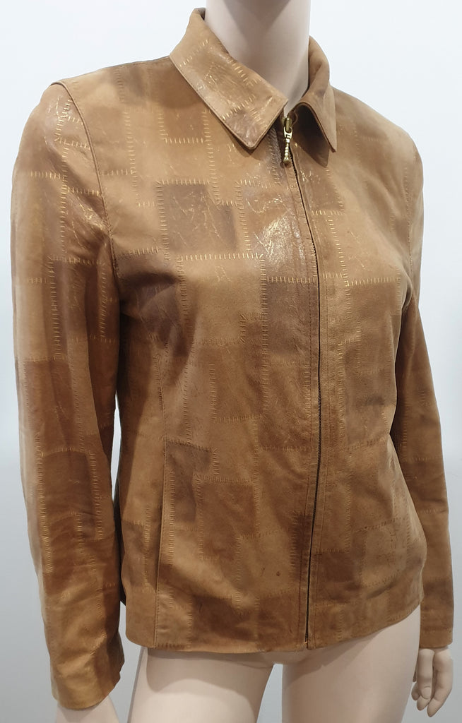 BENET FURS Tan & Gold Detail Collared Zip Fastened Casual Leather Jacket 44 UK12