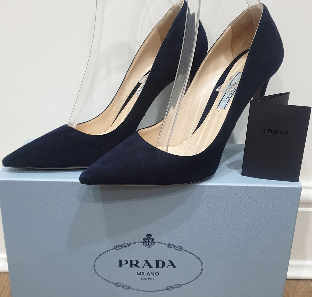 PRADA MILANO Midnight Navy Blue Suede Pointed Toe Stiletto Pumps Court Shoes UK5