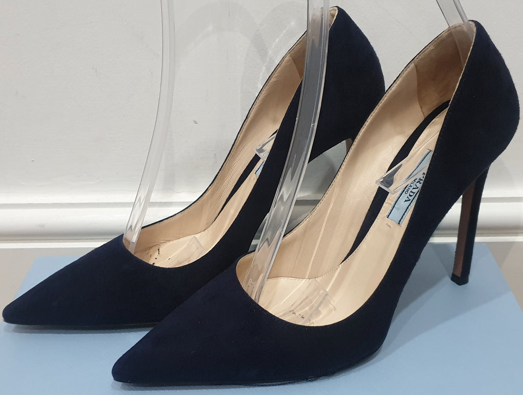 PRADA MILANO Midnight Navy Blue Suede Pointed Toe Stiletto Pumps Court Shoes UK5