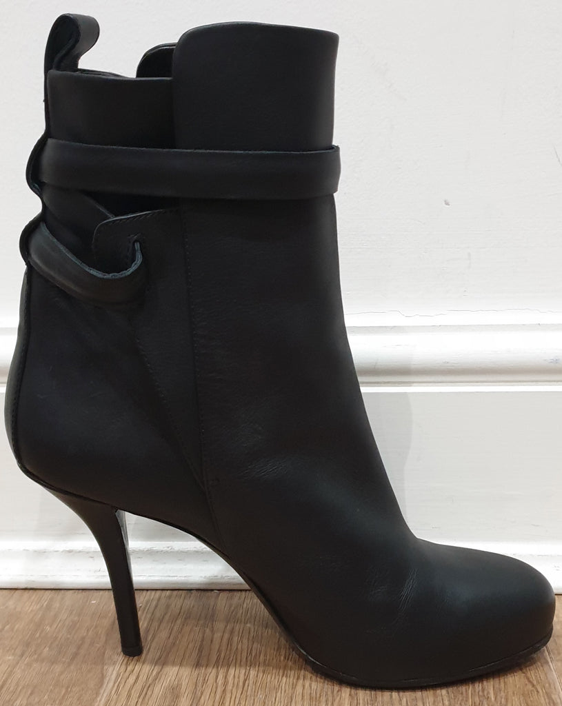 BALENCIAGA Black Leather Buckle Strap Detail High Stiletto Heel Ankle Boots 39 6