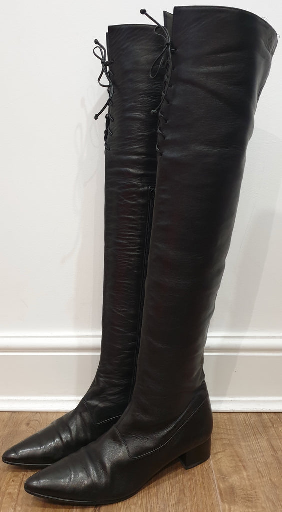 MANOLO BLAHNIK LONDON Black Leather Pointed Toe Over Knee Thigh Boots UK6