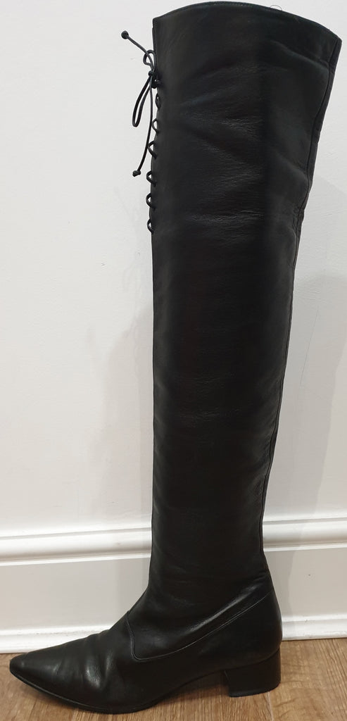 MANOLO BLAHNIK LONDON Black Leather Pointed Toe Over Knee Thigh Boots UK6