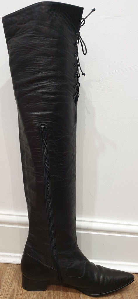 MANOLO BLAHNIK LONDON Black Leather Pointed Toe Over Knee Thigh Boots UK6