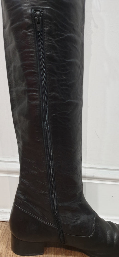 MANOLO BLAHNIK LONDON Black Leather Pointed Toe Over Knee Thigh Boots UK6