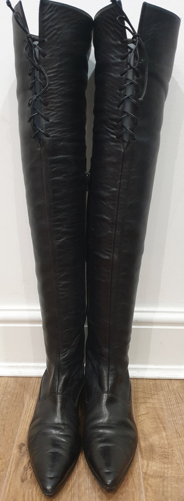 MANOLO BLAHNIK LONDON Black Leather Pointed Toe Over Knee Thigh Boots UK6