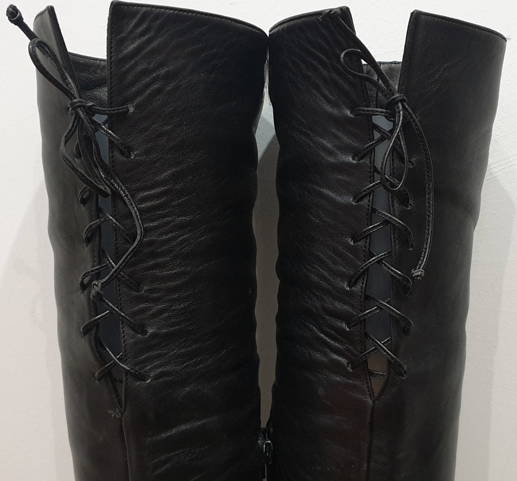 MANOLO BLAHNIK LONDON Black Leather Pointed Toe Over Knee Thigh Boots UK6