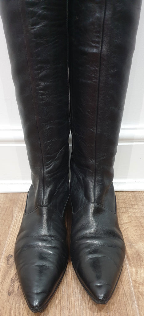 MANOLO BLAHNIK LONDON Black Leather Pointed Toe Over Knee Thigh Boots UK6