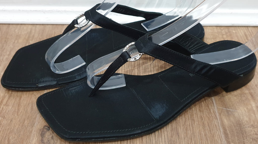 SERGIO ROSSI Black Satin Circular Diamante Detail Thong Flip Flop Flat Sandals UK6