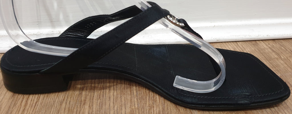 SERGIO ROSSI Black Satin Circular Diamante Detail Thong Flip Flop Flat Sandals UK6