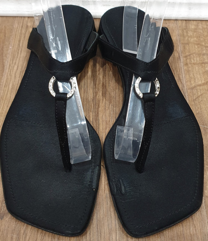 SERGIO ROSSI Black Satin Circular Diamante Detail Thong Flip Flop Flat Sandals UK6