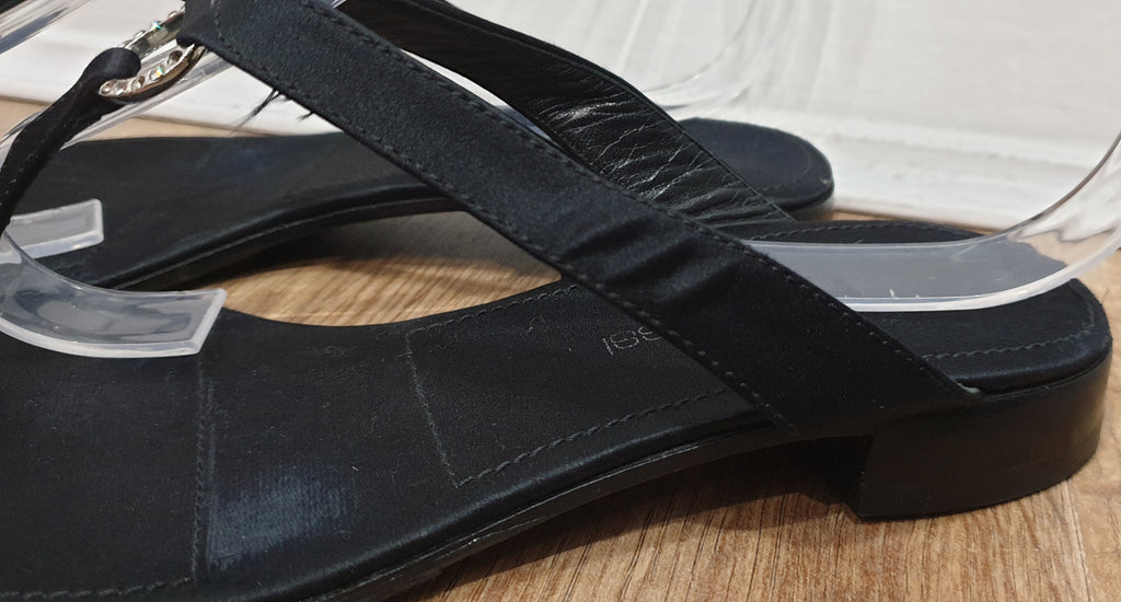 SERGIO ROSSI Black Satin Circular Diamante Detail Thong Flip Flop Flat Sandals UK6