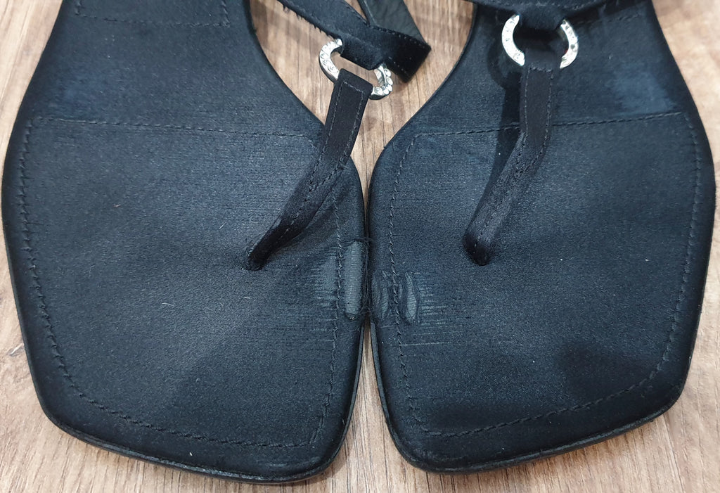 SERGIO ROSSI Black Satin Circular Diamante Detail Thong Flip Flop Flat Sandals UK6